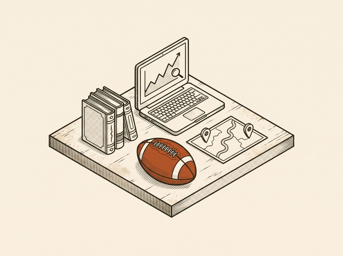 Ilustración: un escritorio con laptop y analítica, libros, un balón de football americano y un mapa fronterizo con dos pines