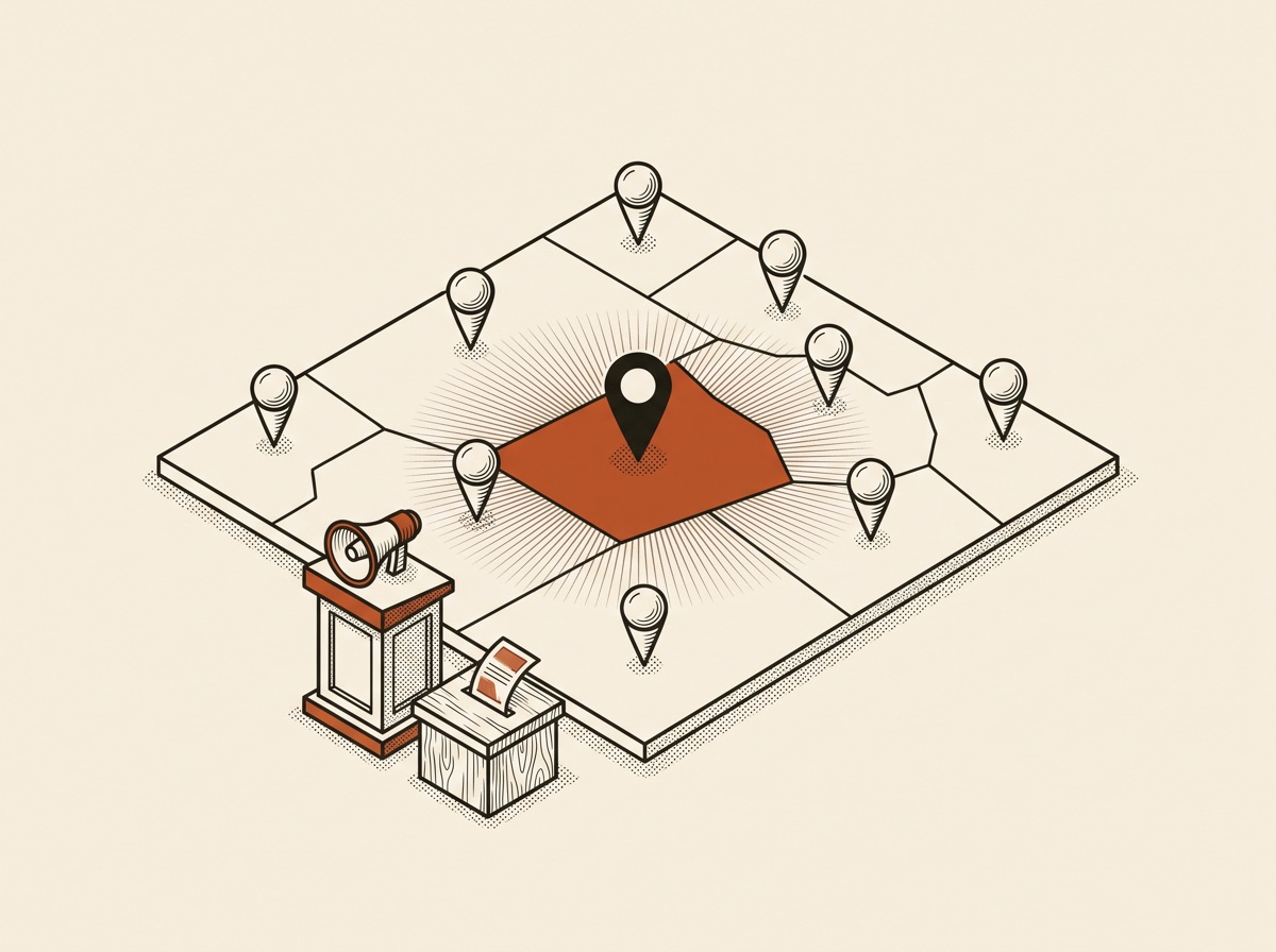 Ilustración: un mapa dividido en territorios con uno destacado, un podio con megáfono y una urna