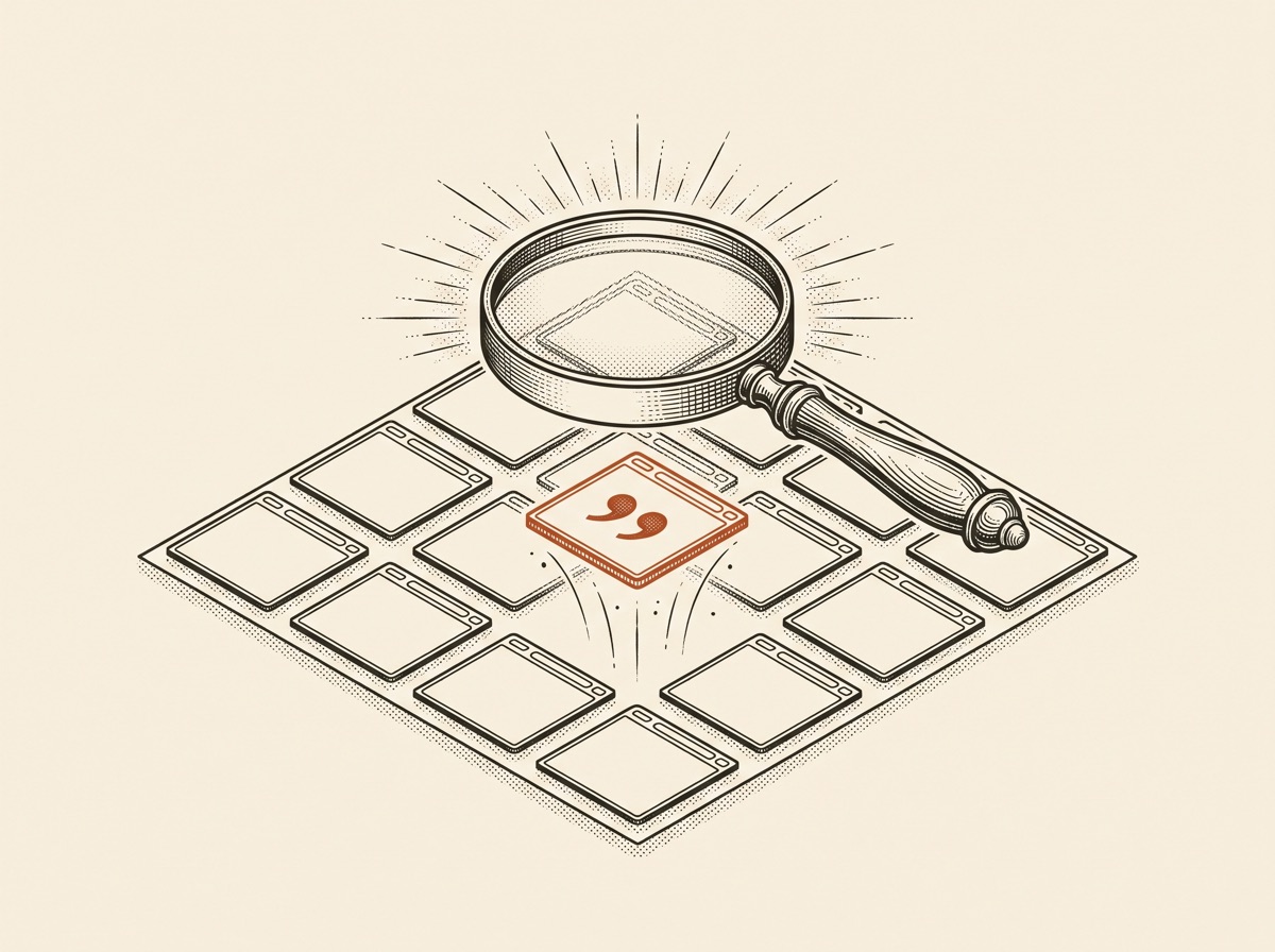 Ilustración: una lupa sobre una cuadrícula de páginas web, con una de ellas destacada como la respuesta elegida